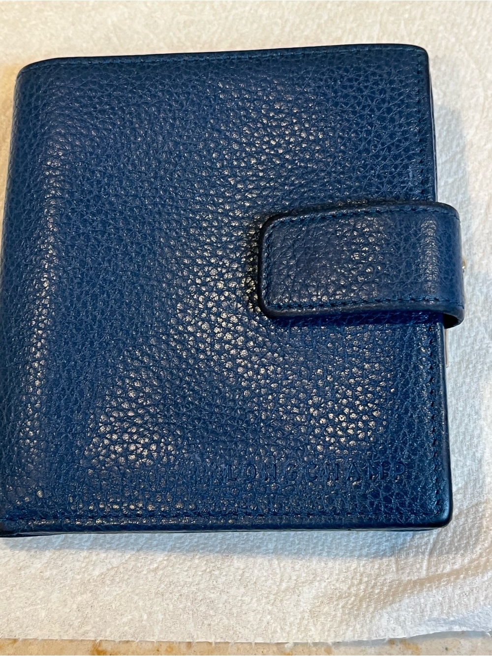 Longchamp Navy Blue Pebbled Leather Card Holder Wallet with Snap
